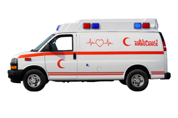 Chevrolet Express van ambulance with red crescent markings and roof warning lights