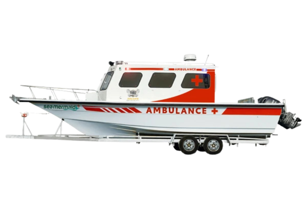 Ambulance boat on a twin axle trailer, side view, with enclosed cabin