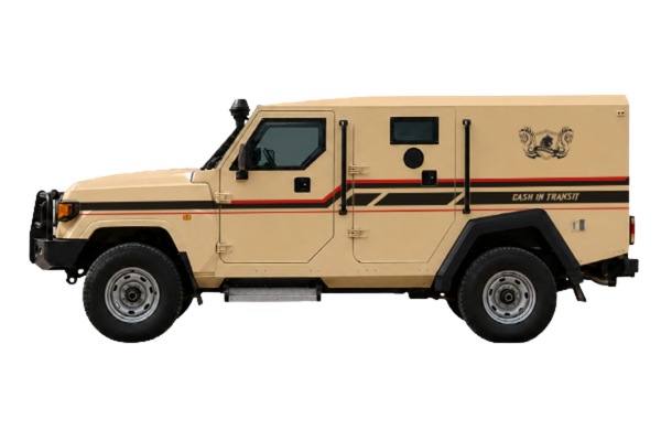 Toyota Land Cruiser cash in transit vehicle, side view, with armored rear body