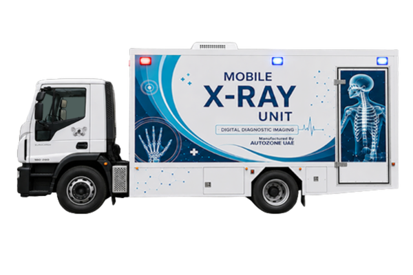 Iveco mobile x-ray unit, side view, with shielded rear access door