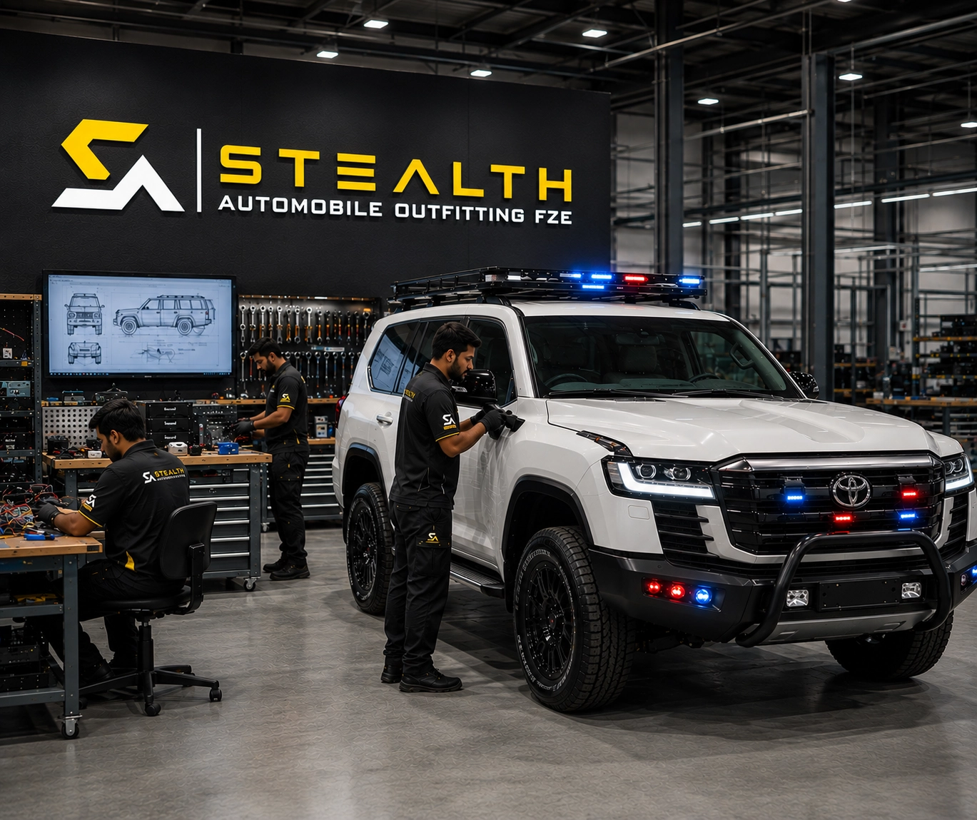Stealth Auto technicians fitting out a Land Cruiser 300 patrol vehicle at the Jebel Ali facility