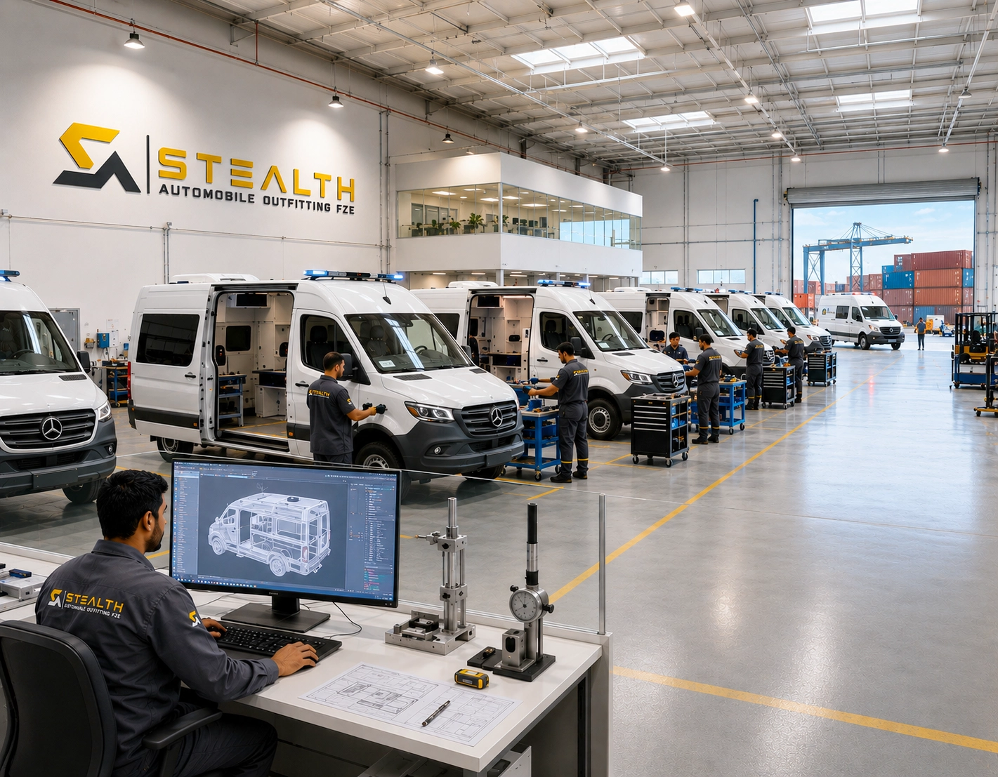 Mercedes Sprinter ambulances in build at the Stealth Auto facility, with an engineer working on drawings