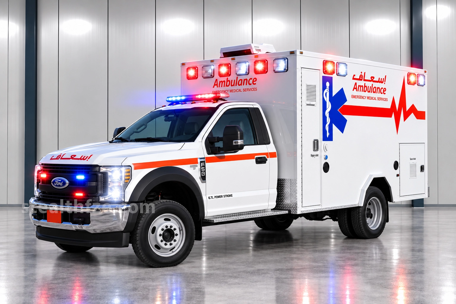 Ford F-550 advanced life support ambulance with box body and Arabic markings, built by Stealth Auto