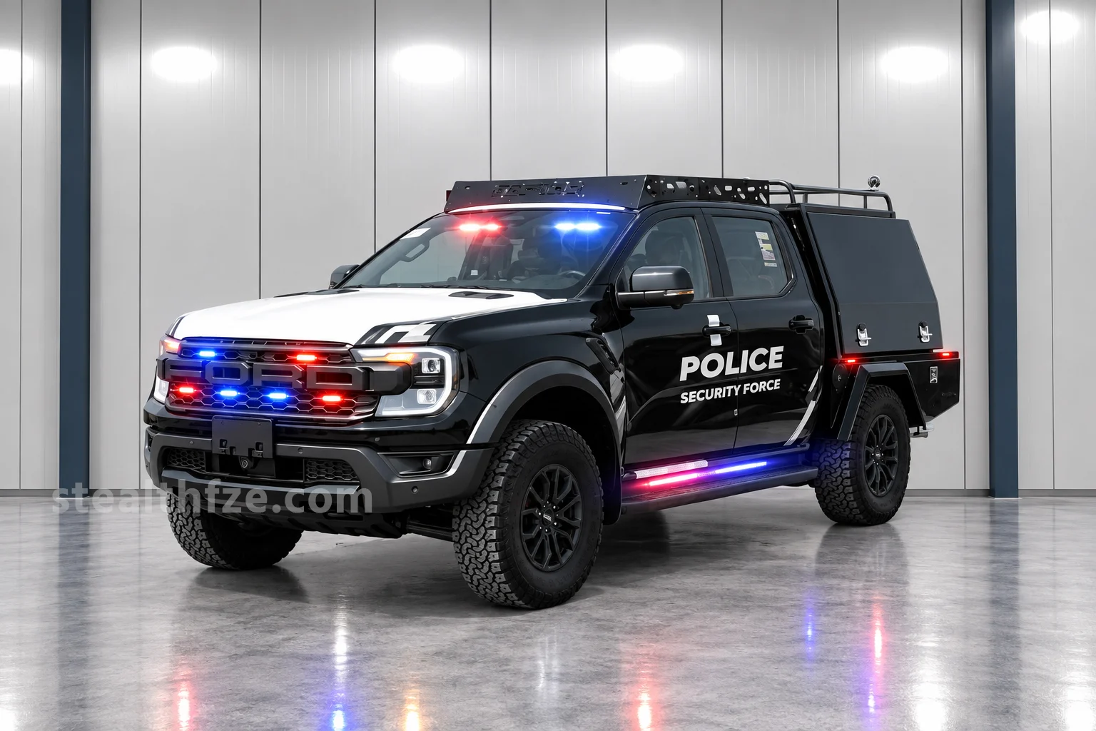 Ford Ranger Raptor 4x4 security force patrol vehicle with rear equipment canopy and grille lighting
