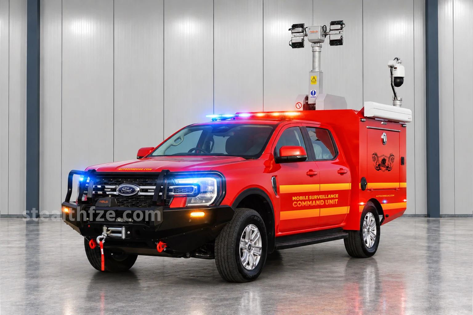 Ford Ranger mobile surveillance command unit with telescopic camera mast and rear equipment body