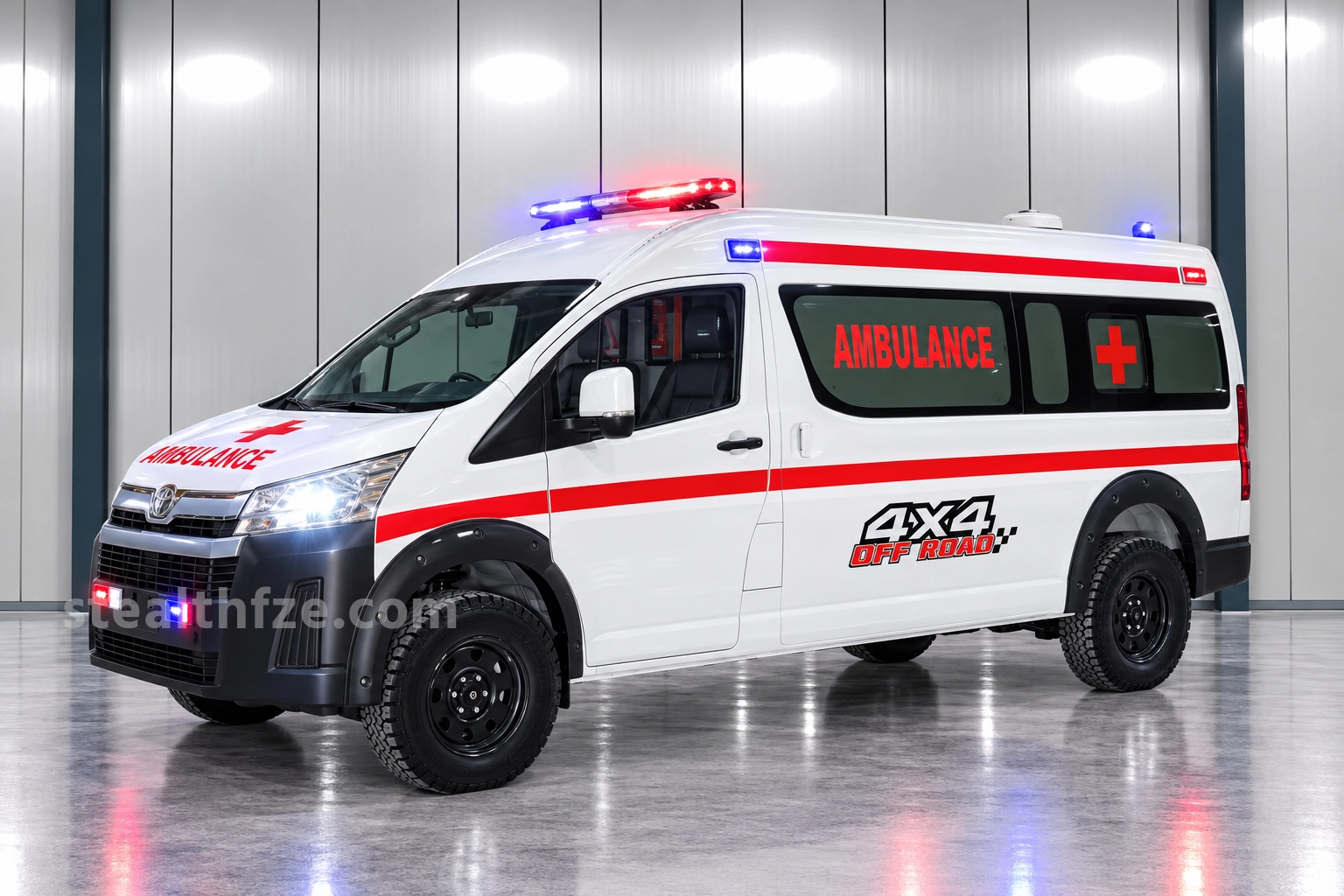 Toyota Hiace 4x4 off-road ambulance with raised suspension and all-terrain tyres