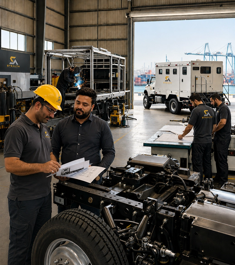 Stealth Auto engineers reviewing drawings beside a stripped chassis, with Jebel Ali Port visible through the door