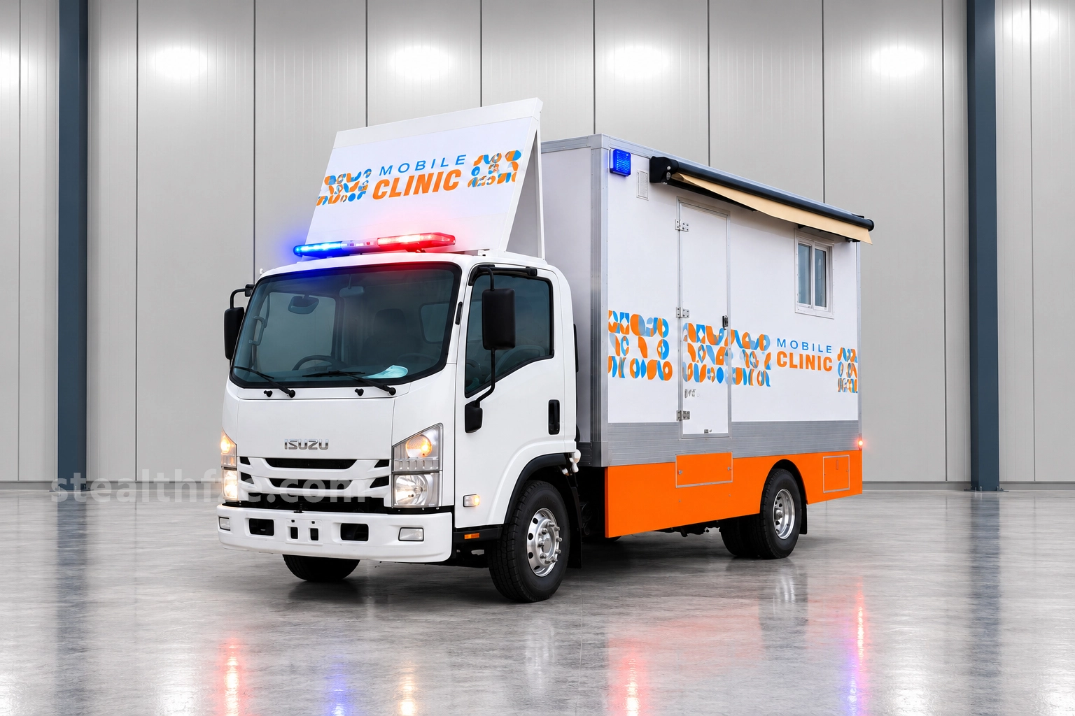 Isuzu mobile clinic with retractable awning and side service hatch, converted by Stealth Auto Dubai