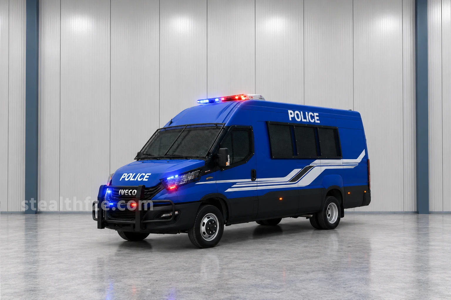 Iveco Daily police personnel transport van with mesh window guards and windscreen grille