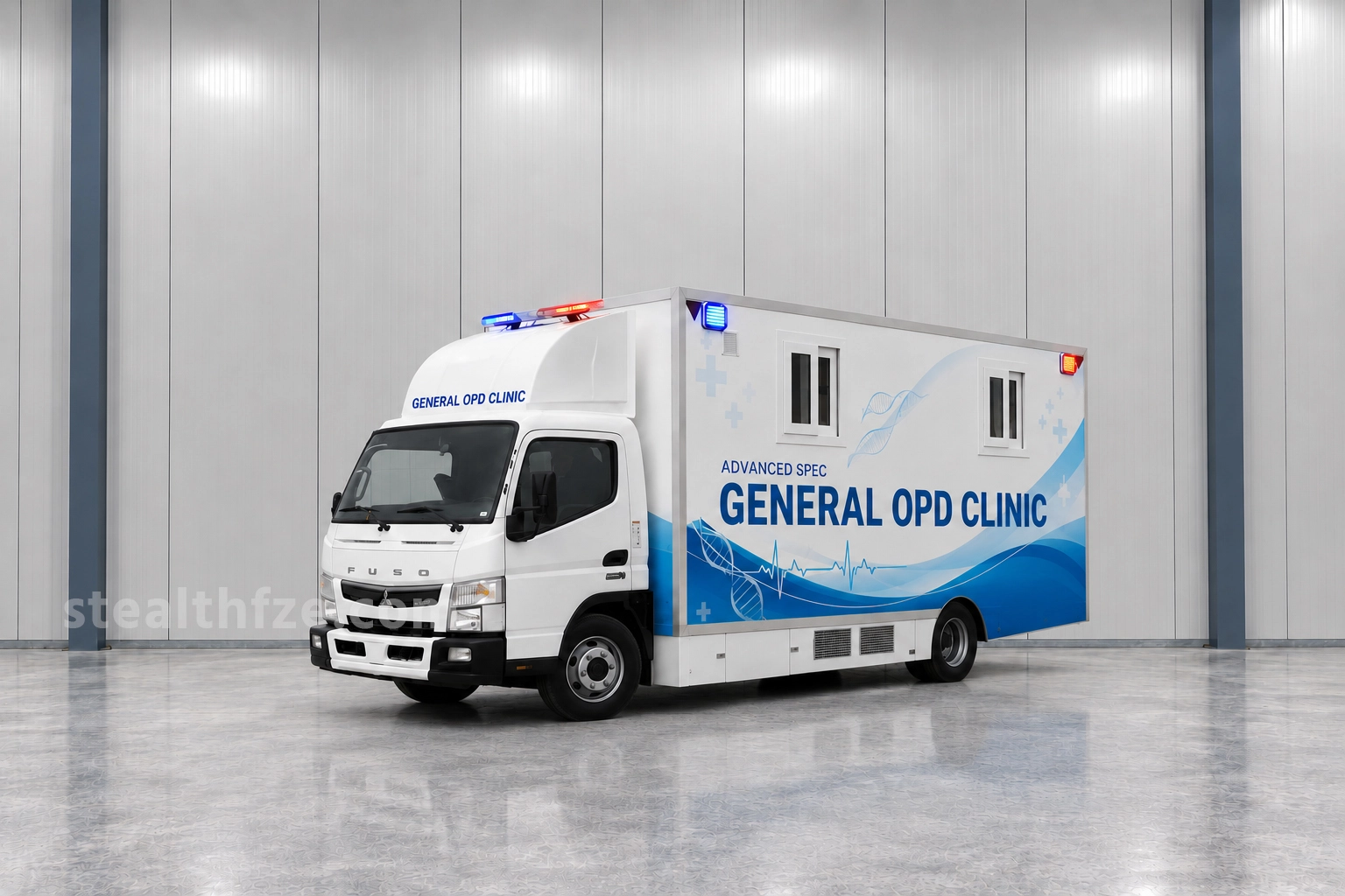 Mitsubishi Fuso mobile general OPD clinic with consultation windows, built by Stealth Auto