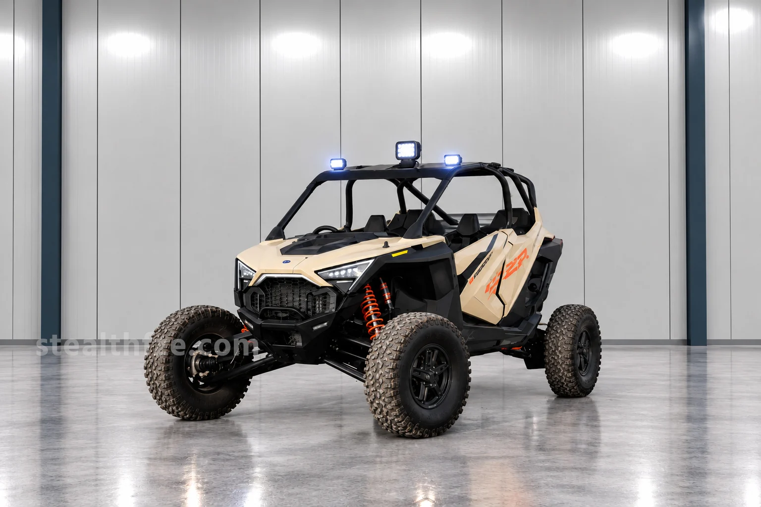 Polaris RZR off-road patrol buggy with roll cage and roof-mounted scene lighting