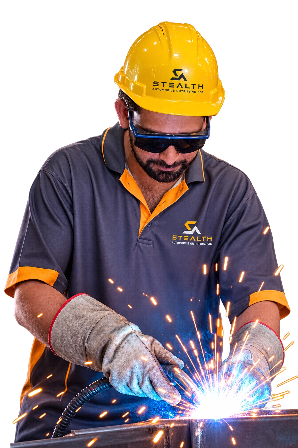 Stealth Auto fabricator welding a steel frame in branded workwear and safety equipment
