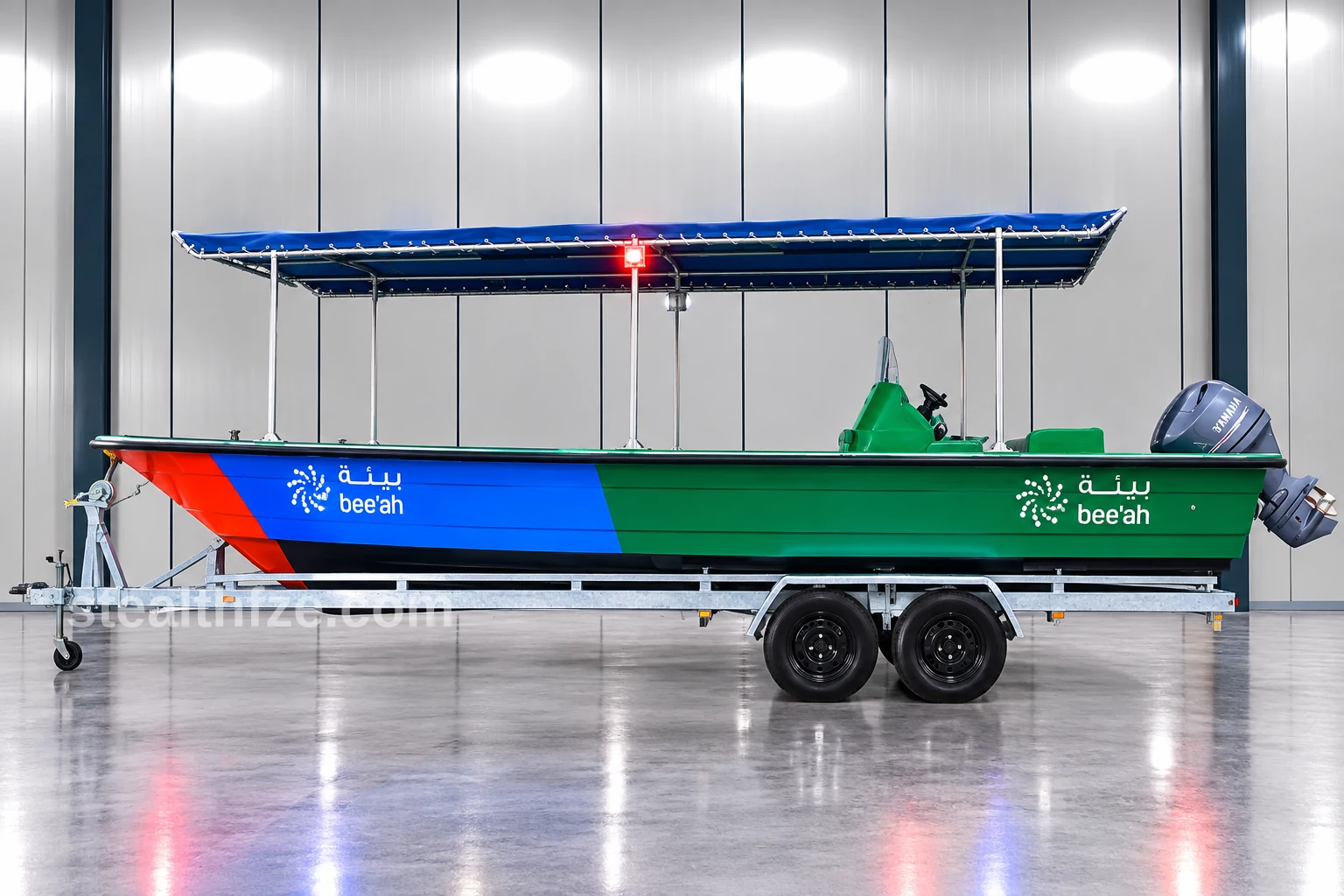 Open workboat with full length shade canopy and outboard engine for environmental operations