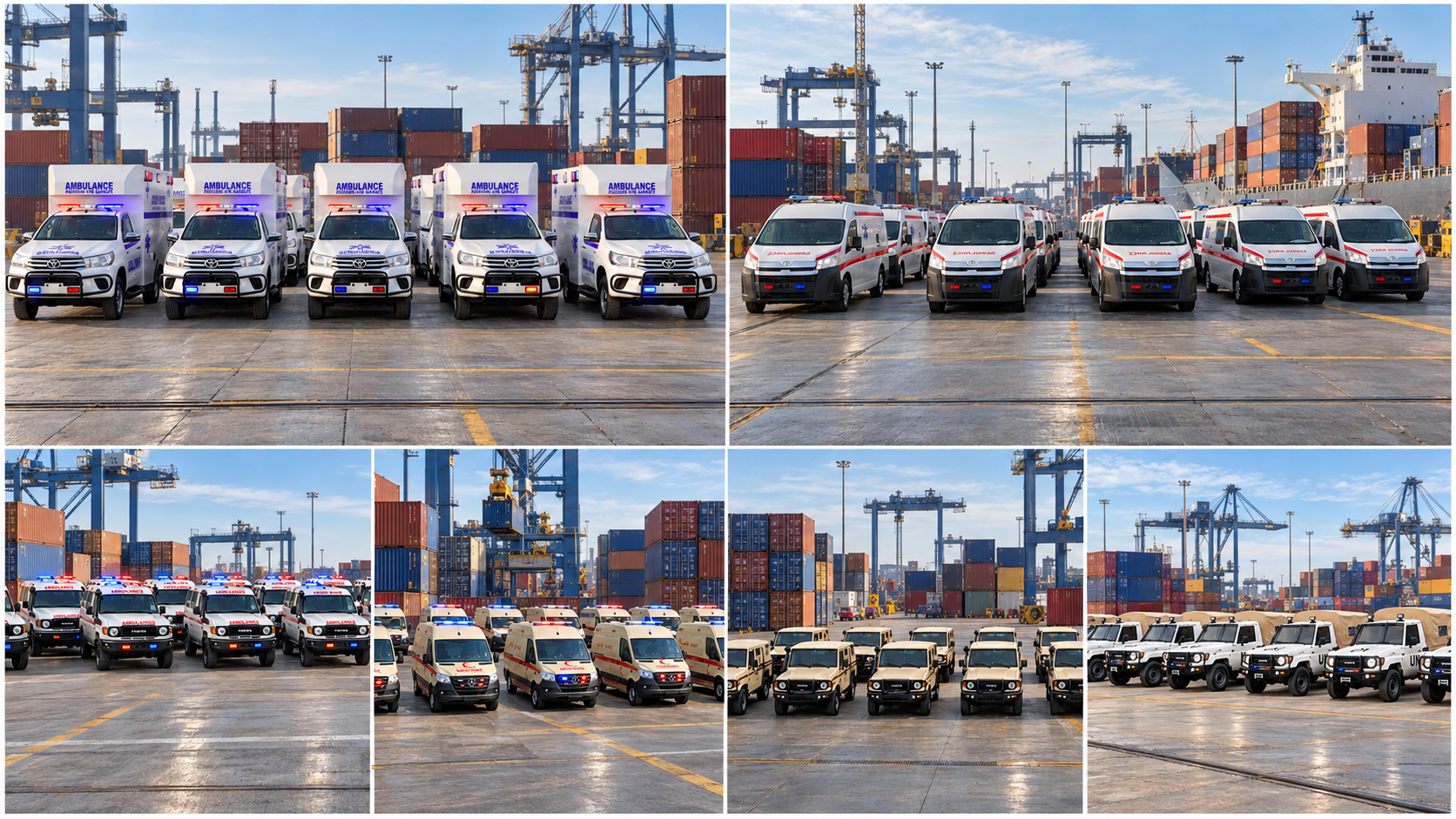 Six vehicle fleets, including ambulances and Land Cruisers, lined up at the port for export