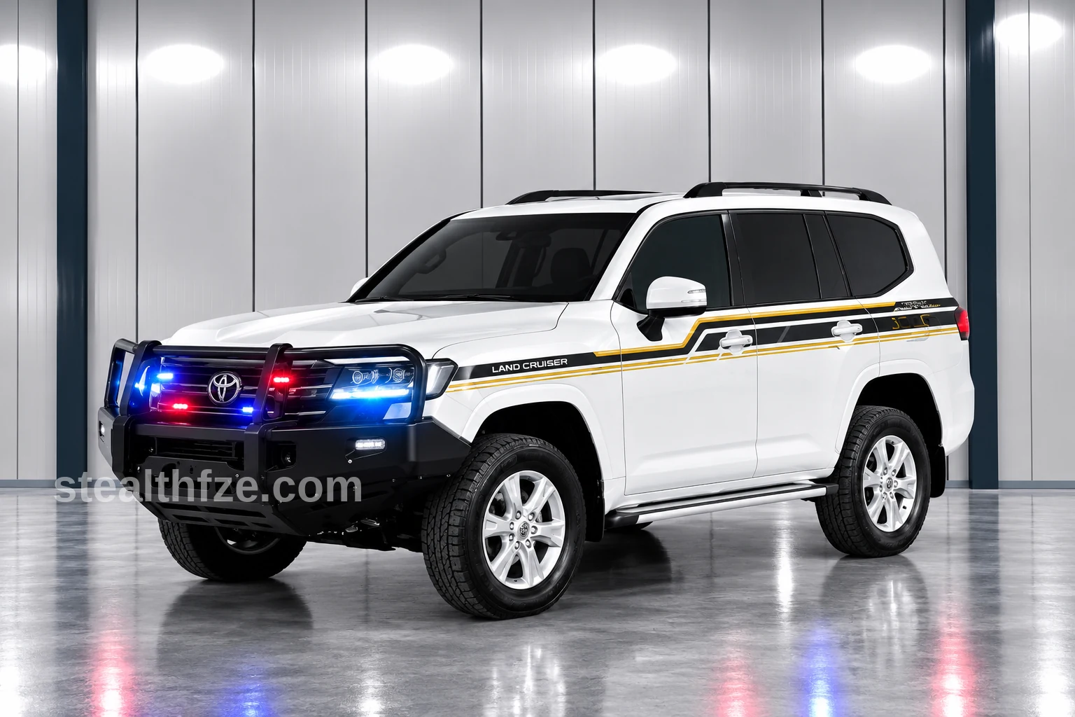 Toyota Land Cruiser 300 patrol vehicle with front bull bar and grille warning lights