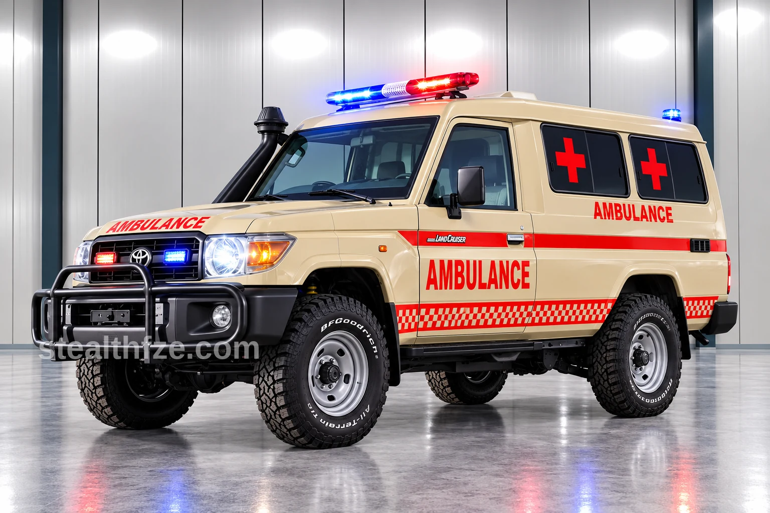 Toyota Land Cruiser 78 4x4 ambulance in desert livery with snorkel and bull bar