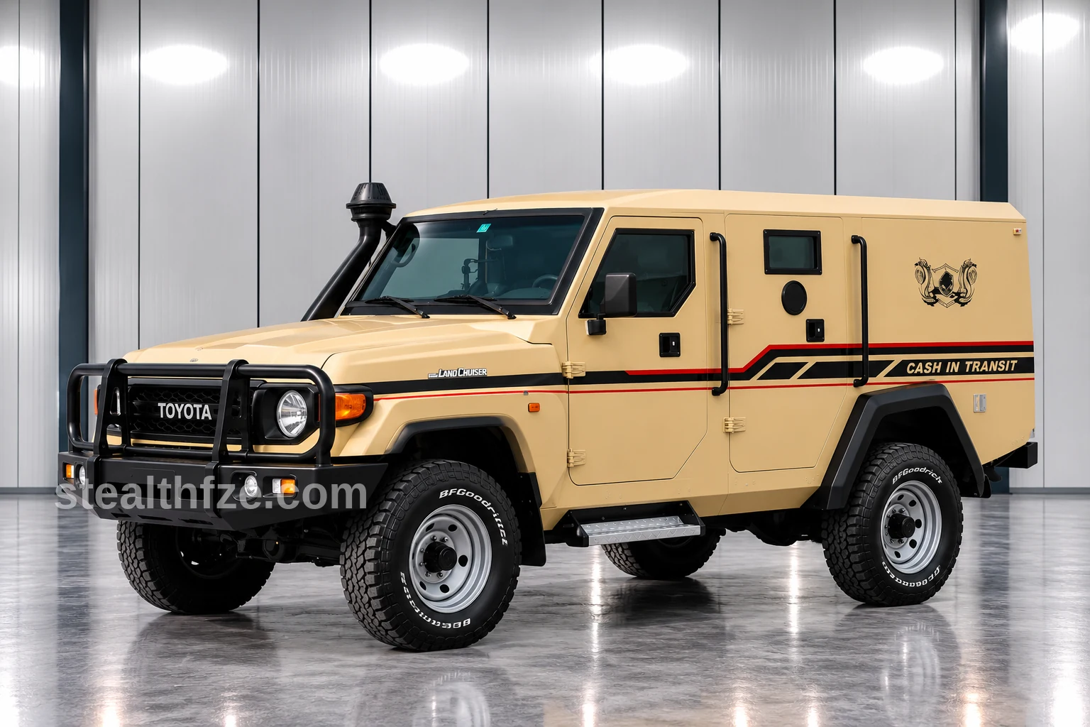 Toyota Land Cruiser cash in transit vehicle with armored rear body and vision ports