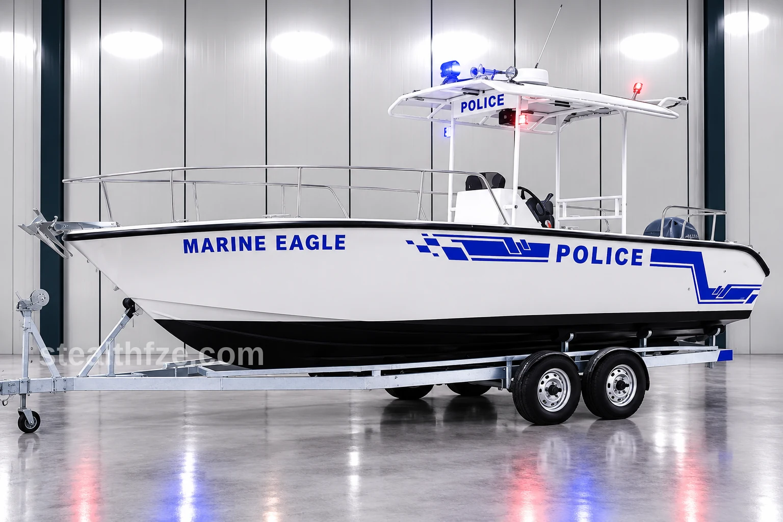 Police patrol boat with centre console and T-top, built by Stealth Auto