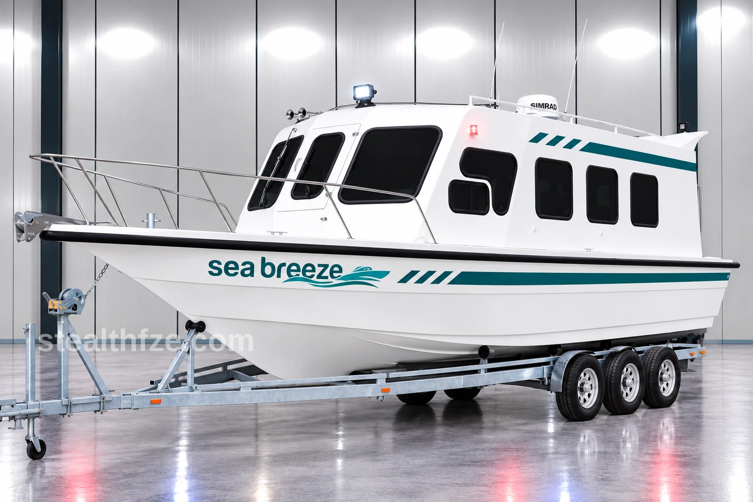 Enclosed cabin passenger boat with radar dome and side windows on a triple axle trailer