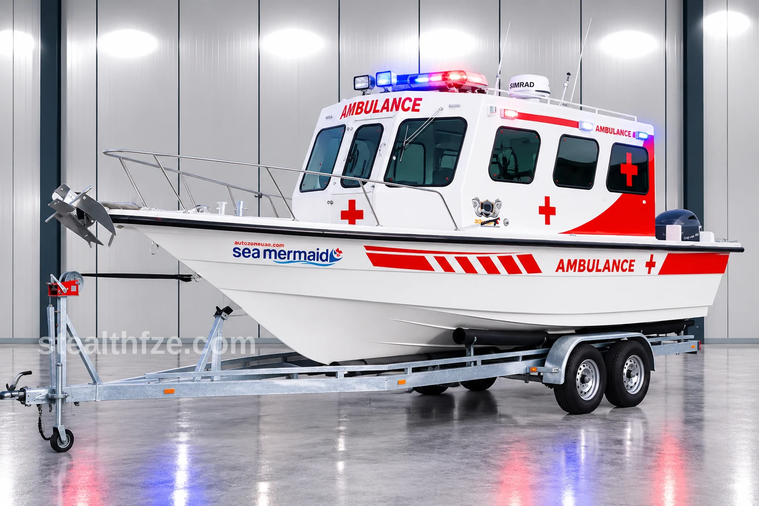 Ambulance boat with enclosed cabin, red cross markings and radar dome
