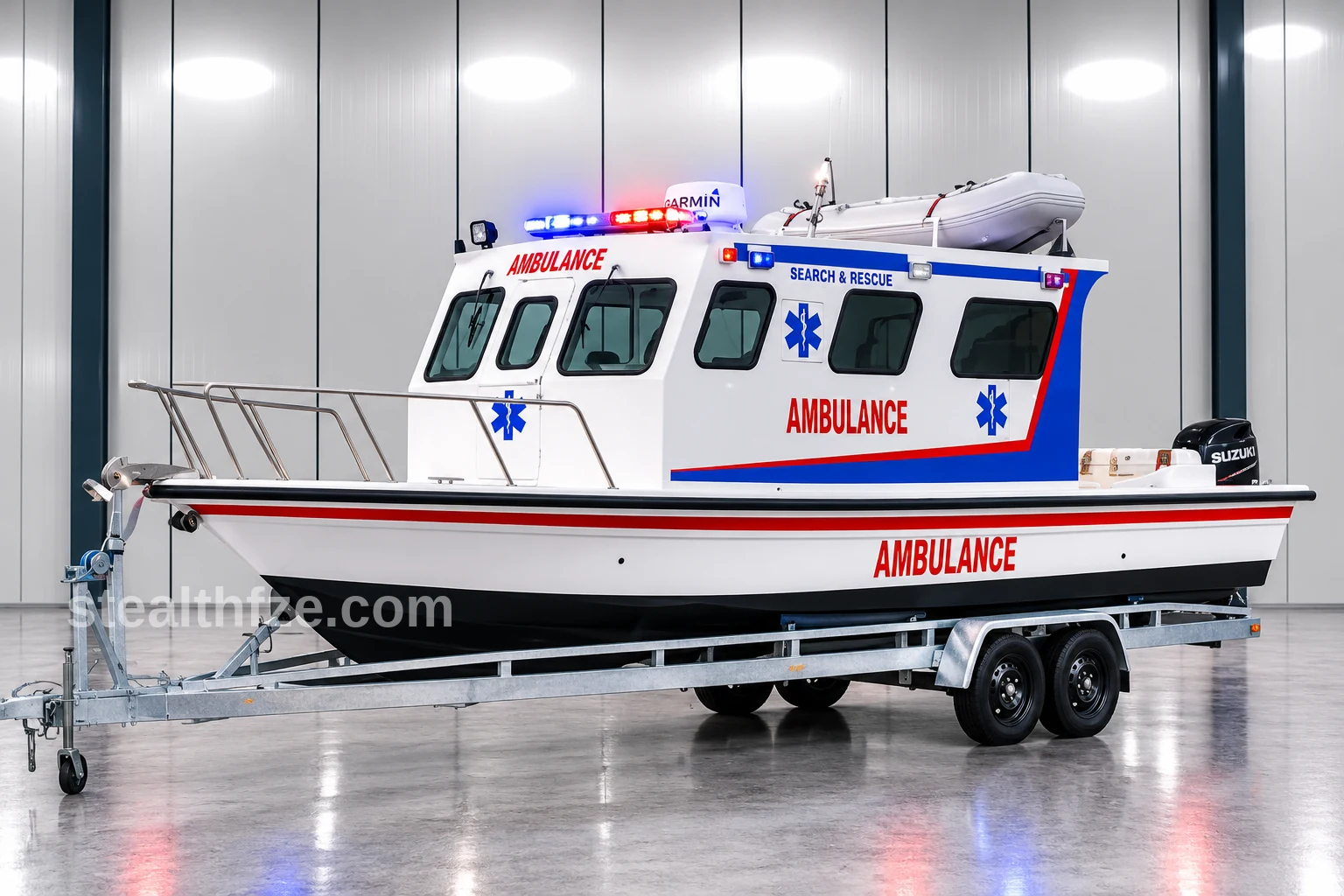 Search and rescue ambulance boat with enclosed cabin and davit-mounted inflatable tender